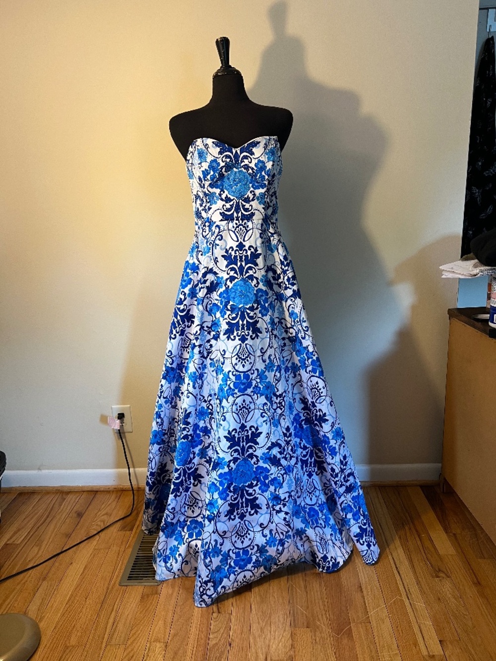 Blue and White Patterned Prom Dress